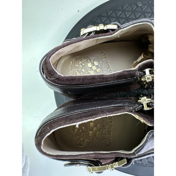 Vince Camuto Vanna Leather & Suede Dk Brown Ankle Boot Heels 7.5M Gold Trim - Picture 3 of 7